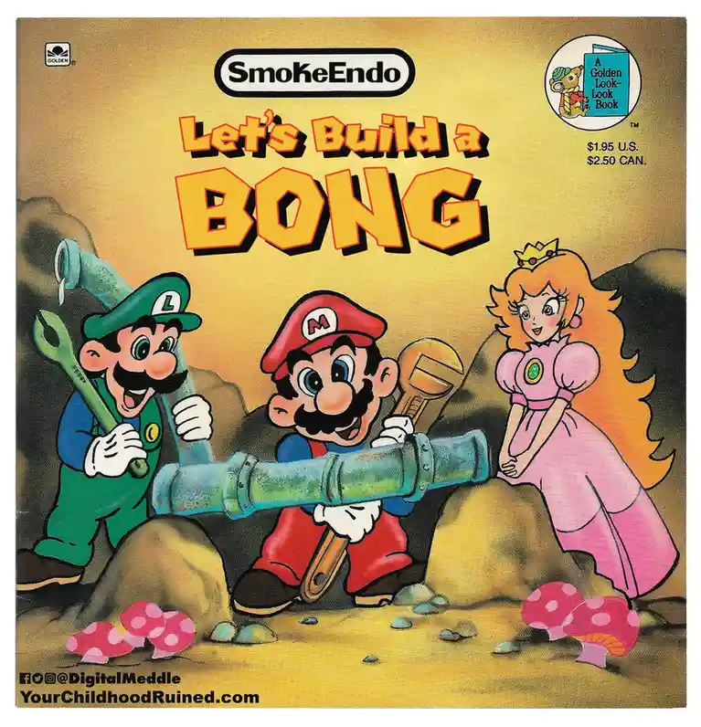The image is a digitally altered cover of a Golden Look-Look Book, featuring Mario, Luigi, and Princess Peach in a cave-like…