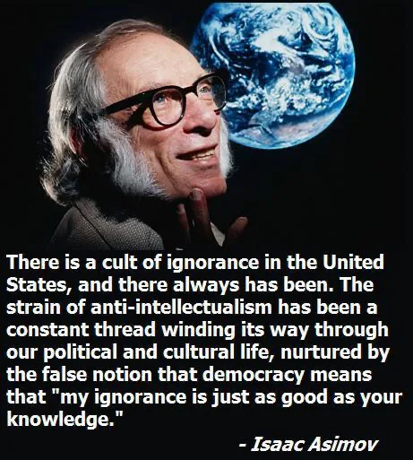 A portrait of Isaac Asimov smiling with his hand near his chin, set against a black background with a blue Earth visible…