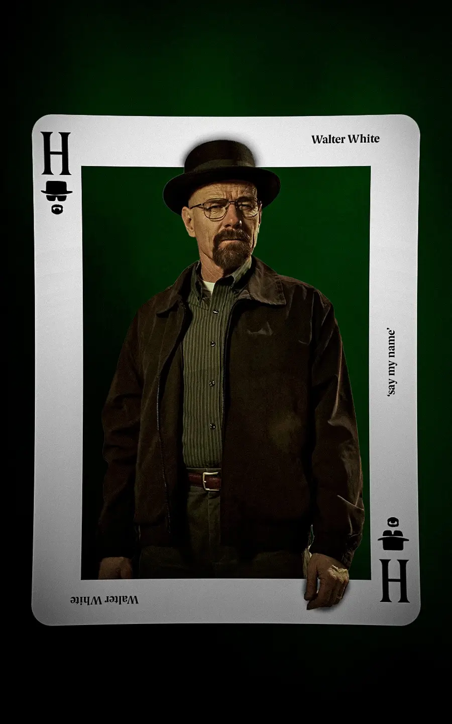 A playing card featuring the character Walter White from Breaking Bad, wearing a bowler hat and glasses, with the text…