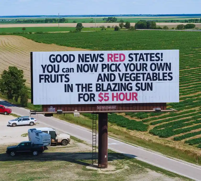 A large billboard in a rural area with farmland in the background advertises a pick-your-own produce service for $5 per…