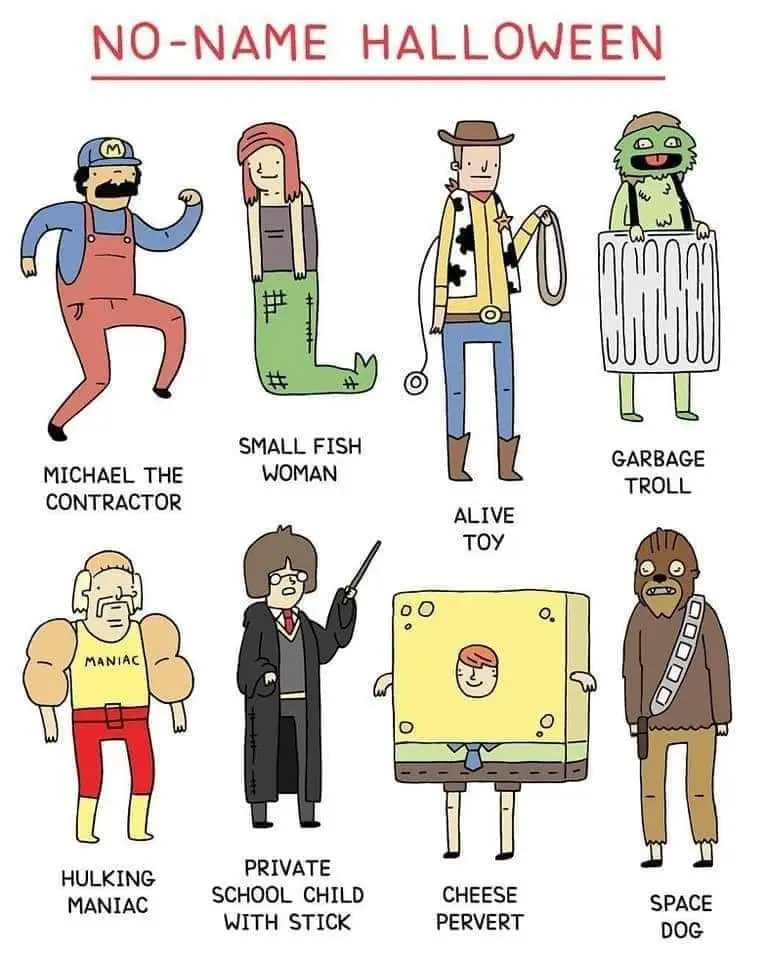 An illustrated Halloween costume guide titled 'NO-NAME HALLOWEEN' showing eight cartoon characters in costumes, each with a…