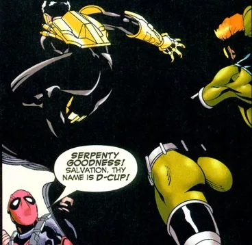 A comic book panel shows Deadpool in the lower left corner exclaiming in a speech bubble: 'SERPENTY GOODNESS! SALVATION, THY…