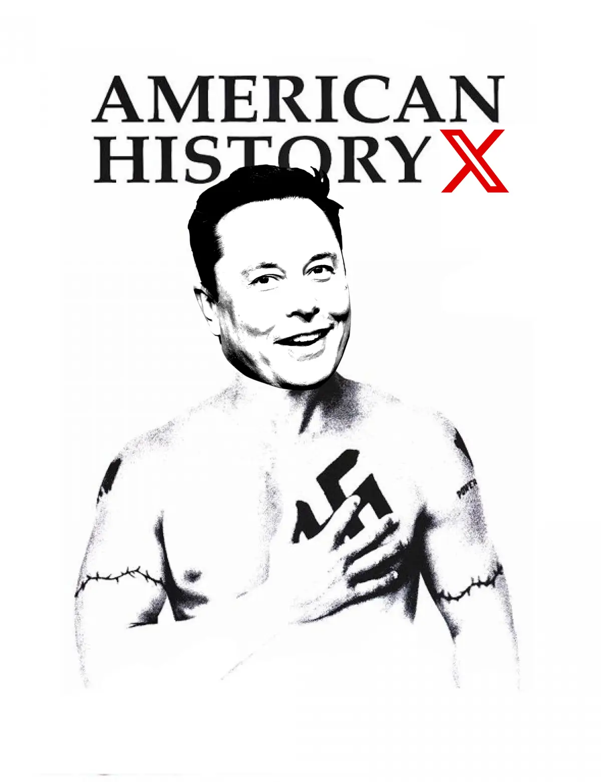 A black-and-white image features a smiling man with a swastika tattoo on his chest and barbed wire tattoos on his arms…