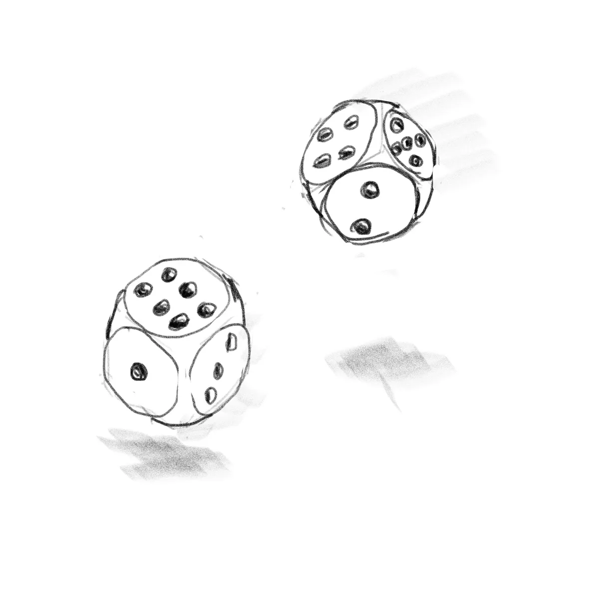 A black-and-white sketch shows two six-sided dice rolling across a plain white background, with motion blur and shadows…