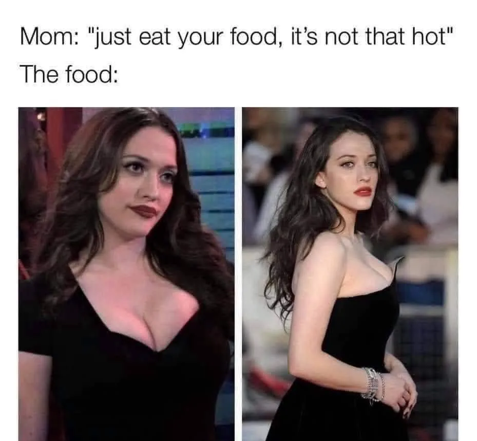 The image displays two side-by-side photos of actress Kat Dennings, both showing her in a black dress with a very low…