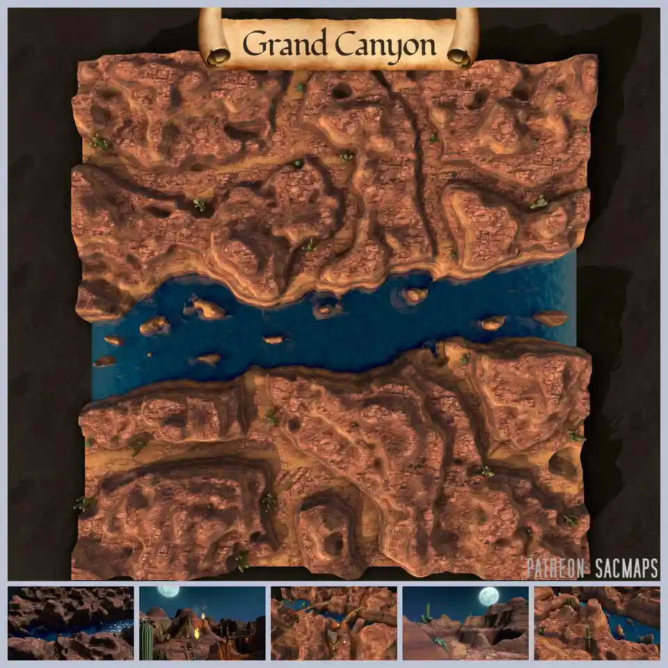 An overhead view of a stylized, 3D-rendered map labeled 'Grand Canyon' showing a canyon with a river running through it…