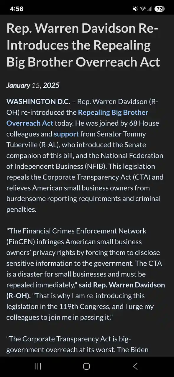 A screenshot of a news article dated January 15, 2025, announcing Rep. Warren Davidson re-introducing the 'Repealing Big…