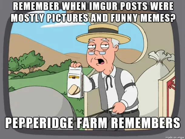 A cartoon image of an elderly man in a straw hat and vest holding a Pepperidge Farm cookie box, standing in front of a sack…