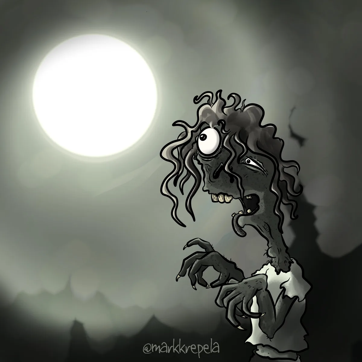 A cartoonish, grey-skinned zombie with wild hair and sharp claws stands in a dark, misty scene under a bright, full moon…