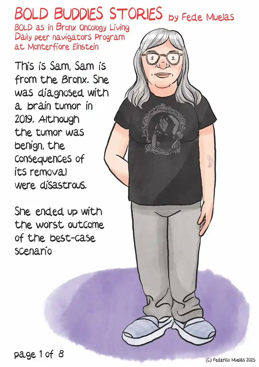 A cartoon illustration of a person with gray hair and glasses, wearing a black t-shirt with a portrait graphic, gray pants…