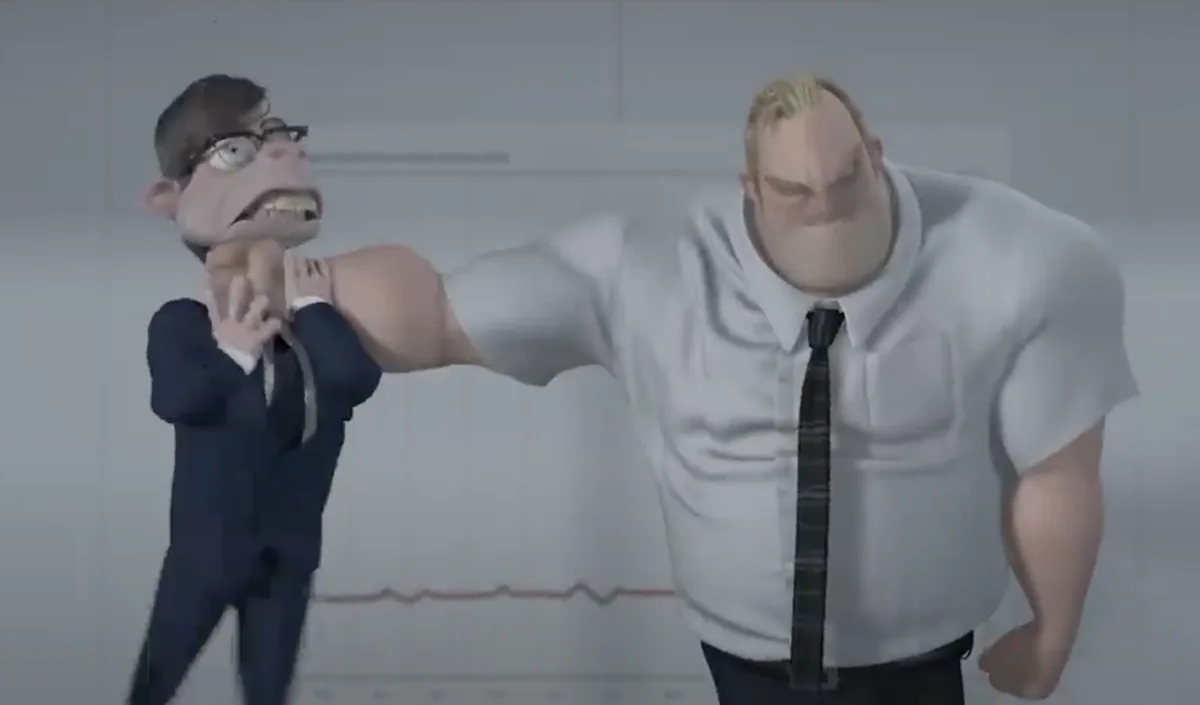 A muscular animated man in a white shirt and tie grabs the neck of a smaller, terrified man in a dark suit and glasses. The…
