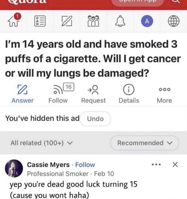 A screenshot of a Quora post where a 14-year-old asks if smoking 3 puffs of a cigarette will cause cancer or lung damage…