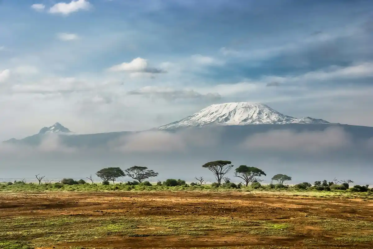 A scenic photograph shows the snow-capped peak of Mount Kilimanjaro rising above a layer of clouds, with an acacia tree…