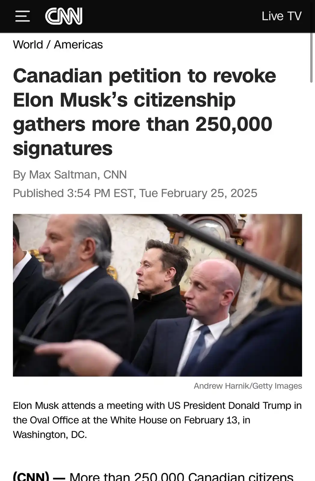 A screenshot of a CNN news article with the headline 'Canadian petition to revoke Elon Musk's citizenship gathers more than…