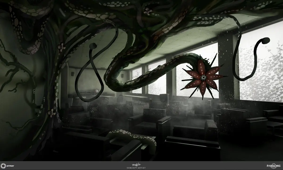 A dark, eerie concept art image shows a monstrous, plant-like creature with thick, green, viney tendrils and a large, spiky…