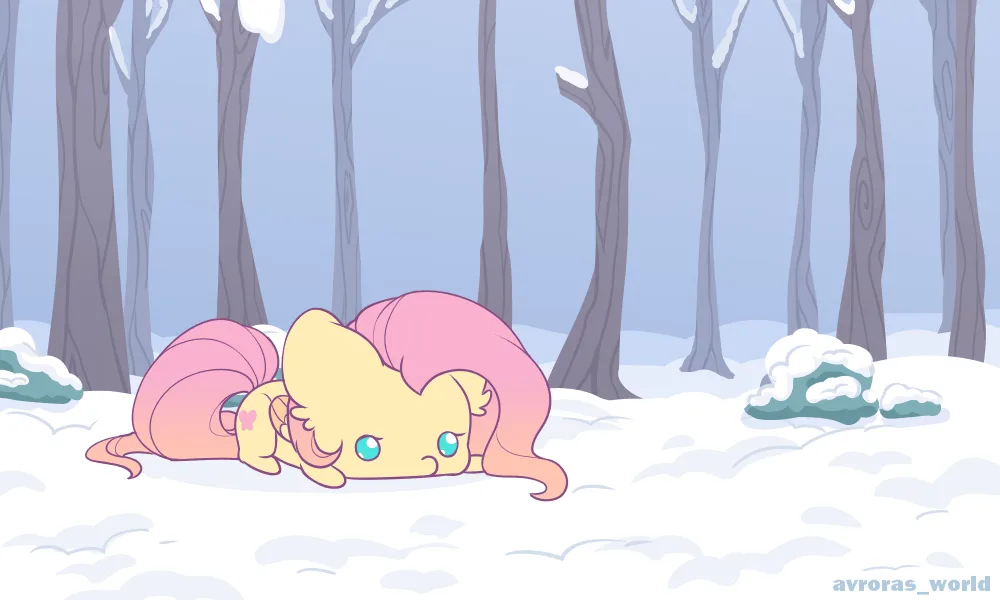 A horizontal comic strip showing a pink-haired, yellow-skinned cartoon pony named Fluttershy in a snowy forest. In the top…