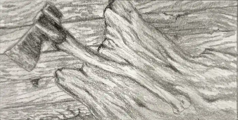 A pencil sketch depicts a person lying on their side on a textured surface, appearing to be in deep thought or…