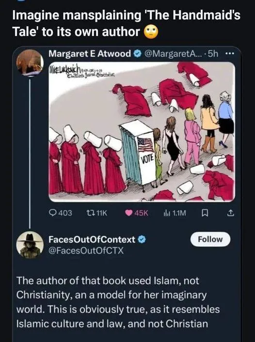 A screenshot of a tweet by 'FacesOutOfContext' showing a cartoon where women in red robes stand in line to vote at a booth…
