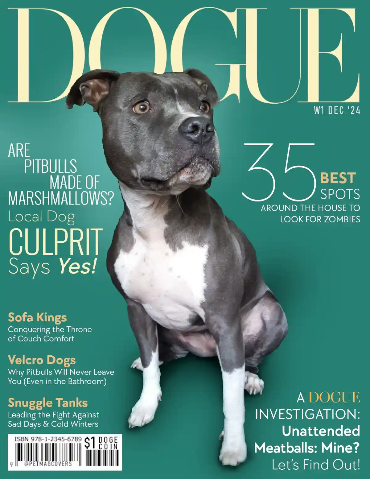 A digitally altered magazine cover mimicking Vogue, featuring a gray and white pitbull as the main subject. The title…