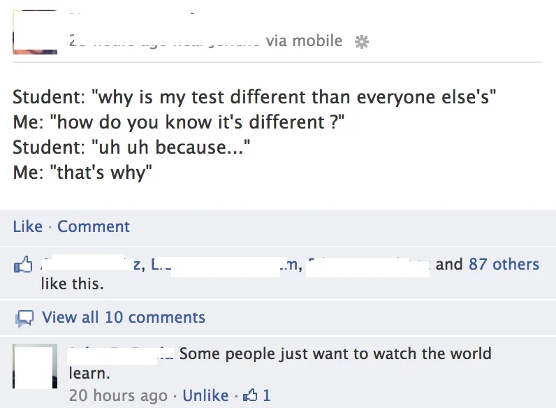 A screenshot of a Facebook post showing a conversation between a student and a teacher about a different test. The student…