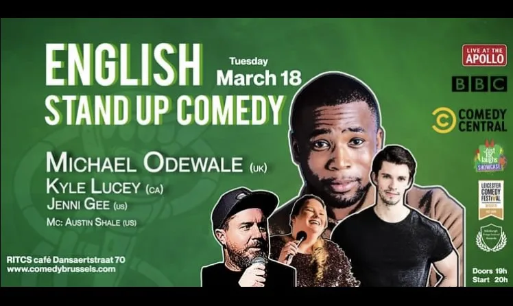 A promotional poster for an 'English Stand Up Comedy' event on March 18, featuring headshots of four comedians: Michael…