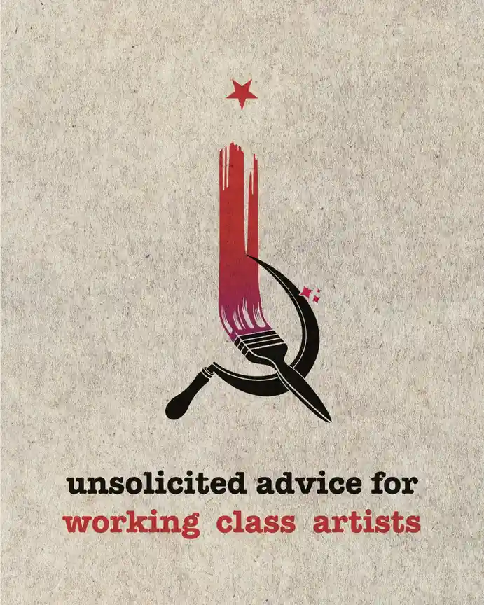 The image displays a stylized hammer and sickle symbol, where the hammer is replaced by a paintbrush with red paint dripping…