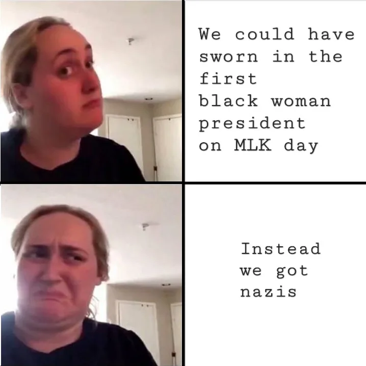 A two-panel meme featuring the same woman with contrasting facial expressions. In the top panel, she looks upward with a…