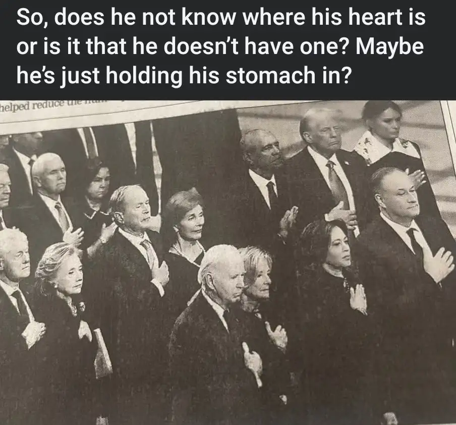 A black-and-white photo shows a group of formally dressed people, including recognizable political figures, standing in rows…