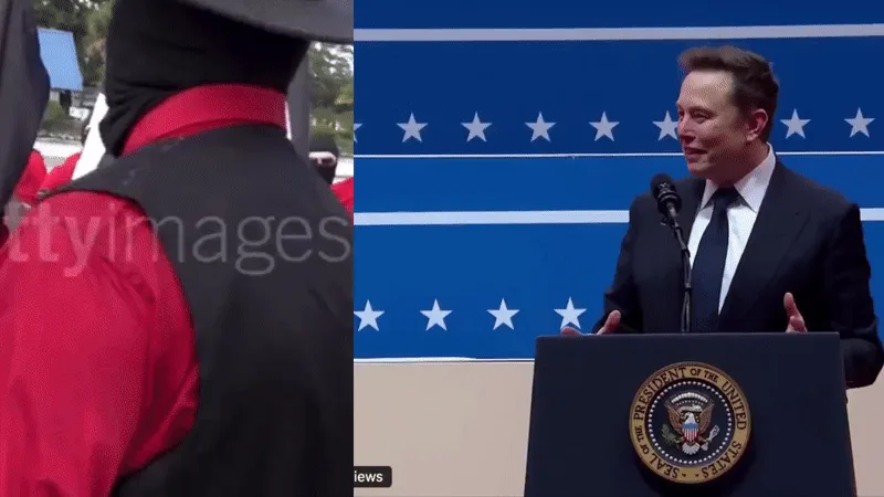 A composite image shows Elon Musk at a podium with the presidential seal, looking surprised or confused as people behind him…