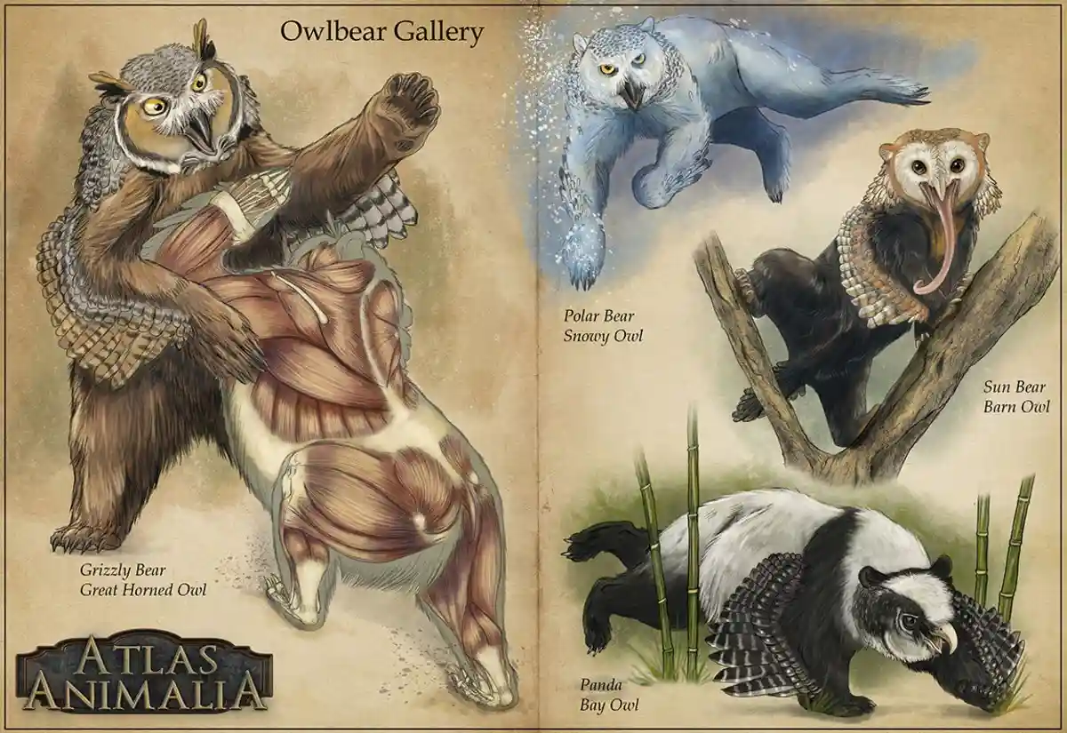 An illustrated fantasy 'Atlas Animalia' page titled 'Owlbear Gallery' showing a muscular Grizzly Bear fused with a Great…
