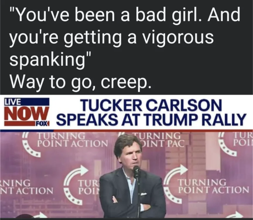A screenshot from a Fox News broadcast shows Tucker Carlson speaking at a Trump rally, standing before a 'Turning Point…