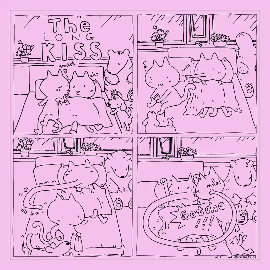 A four-panel comic strip in pink monochrome shows two cats kissing on a bed, then one cat dramatically pulls the blanket…
