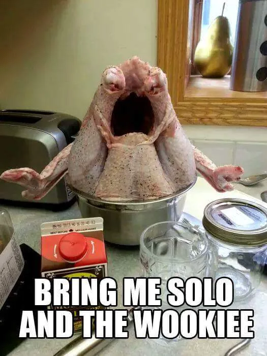 A raw, seasoned turkey carcass sits in a metal bowl on a kitchen counter, its legs splayed out and its cavity facing upward…