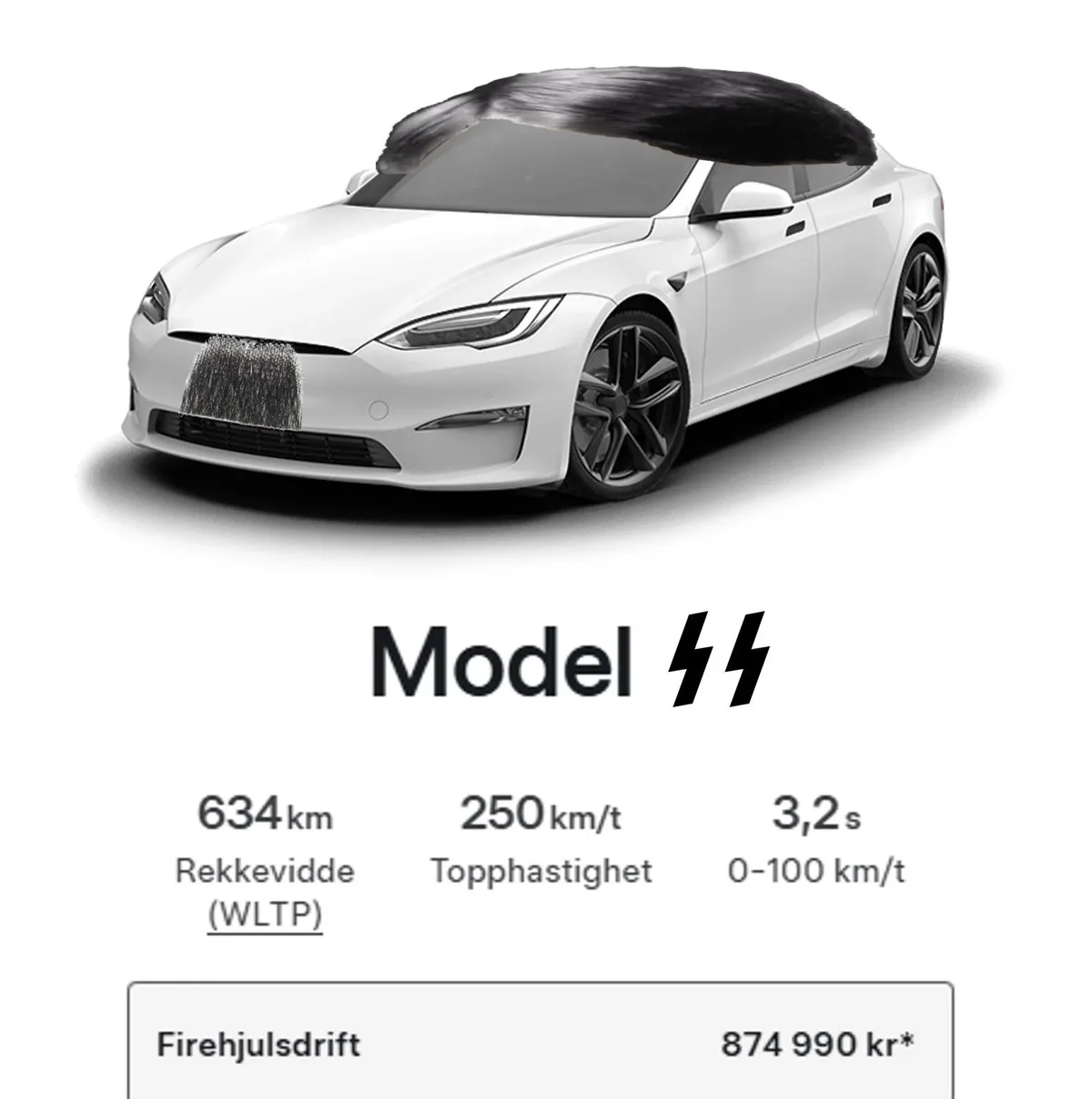 A white Tesla Model 3 is digitally edited to have a large black wig on its roof and a black beard on its front grille. Below…