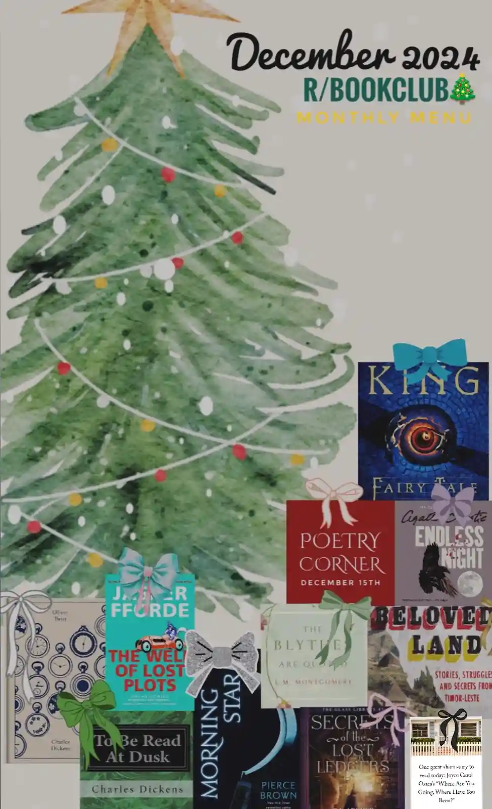 A watercolor Christmas tree decorated with colorful ornaments and white snowflakes, with several book covers arranged around…