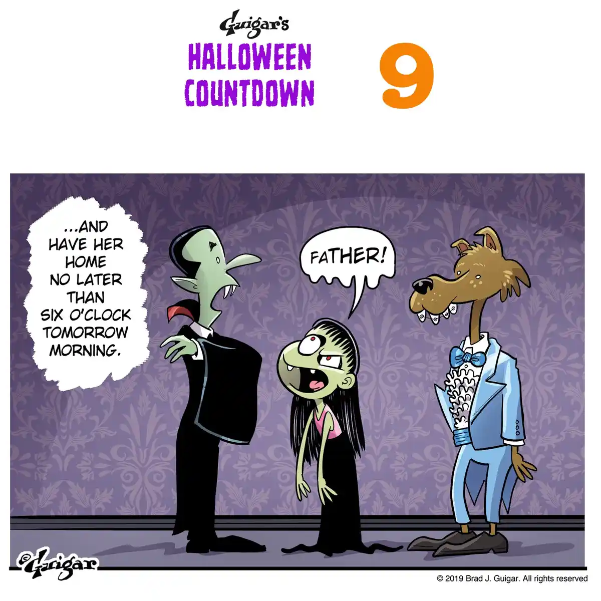 A cartoon vampire father in a tuxedo sternly tells his daughter, who is dressed as a zombie, that she must be home by six…