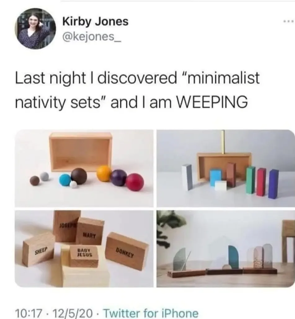A screenshot of a tweet by Kirby Jones showing four images of minimalist nativity sets: one with colored spheres and a…