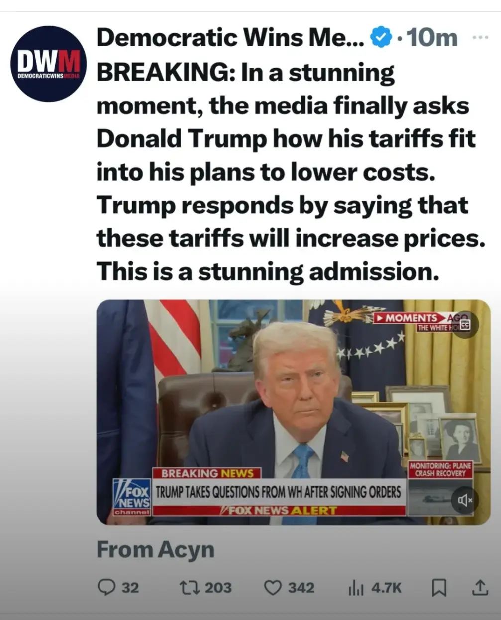 A screenshot of a social media post from 'Democratic Wins Me...' featuring a Fox News video clip of Donald Trump seated in…