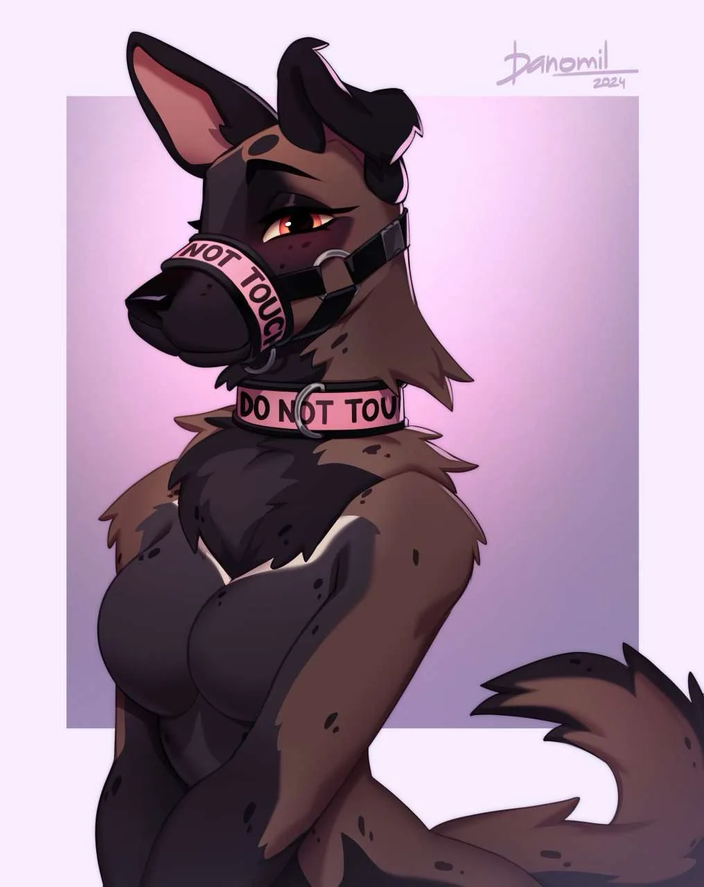 An anthropomorphic female German Shepherd with dark brown and black fur, wearing a pink muzzle and collar both inscribed…
