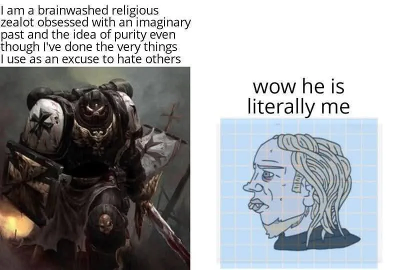 The image displays two panels side-by-side: the left shows a heavily armored, grim-faced warrior in dark, ornate armor with…