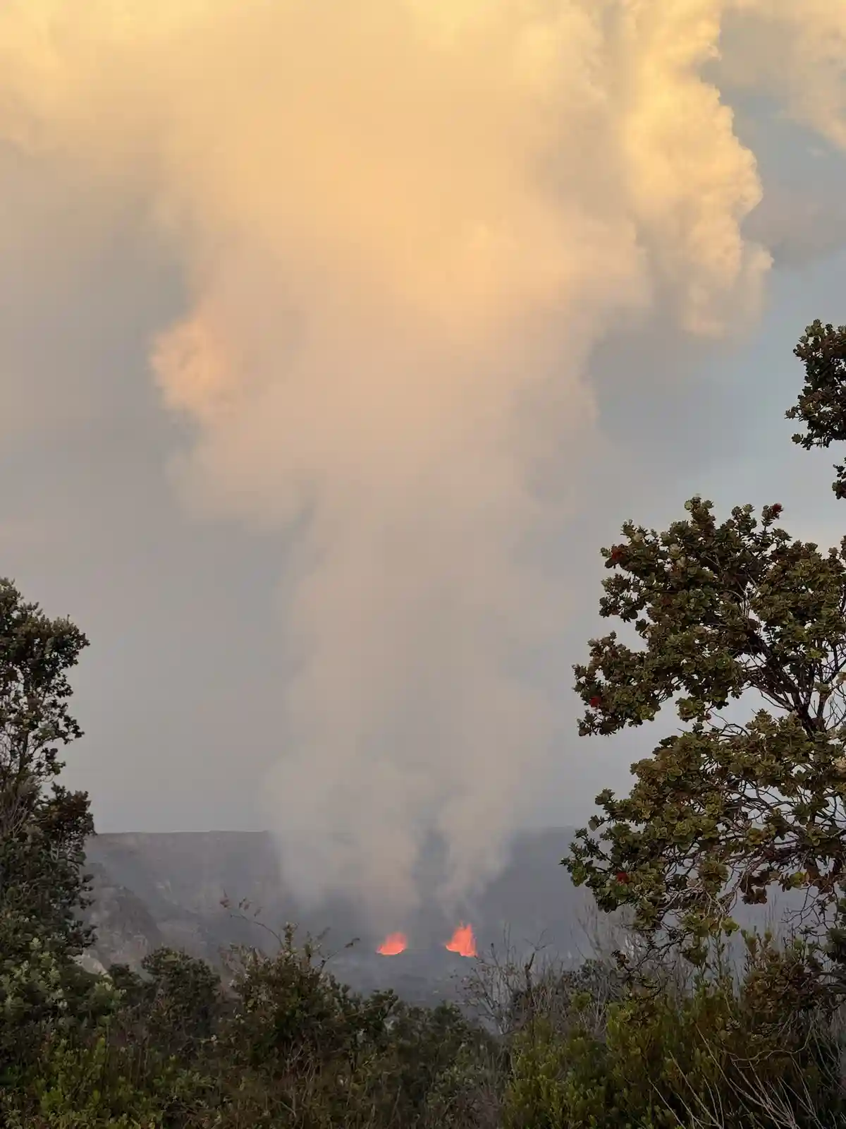 A distant volcanic eruption viewed from a forested hillside, with bright orange lava flows visible at the crater's edge and…