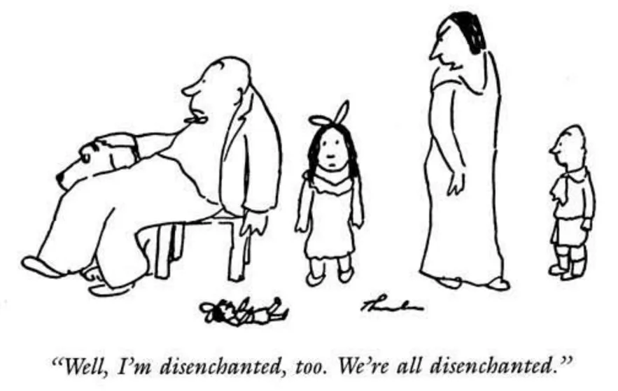 A black-and-white cartoon shows a man sitting on a bench with a dog, a young girl, a tall woman, and a small boy standing…