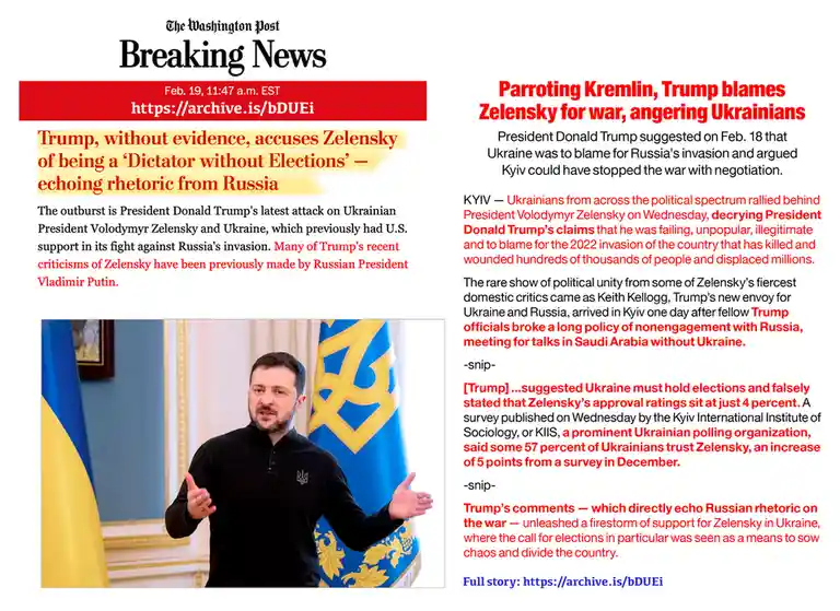 The image displays a Washington Post breaking news article layout with a photo of Ukrainian President Volodymyr Zelensky…