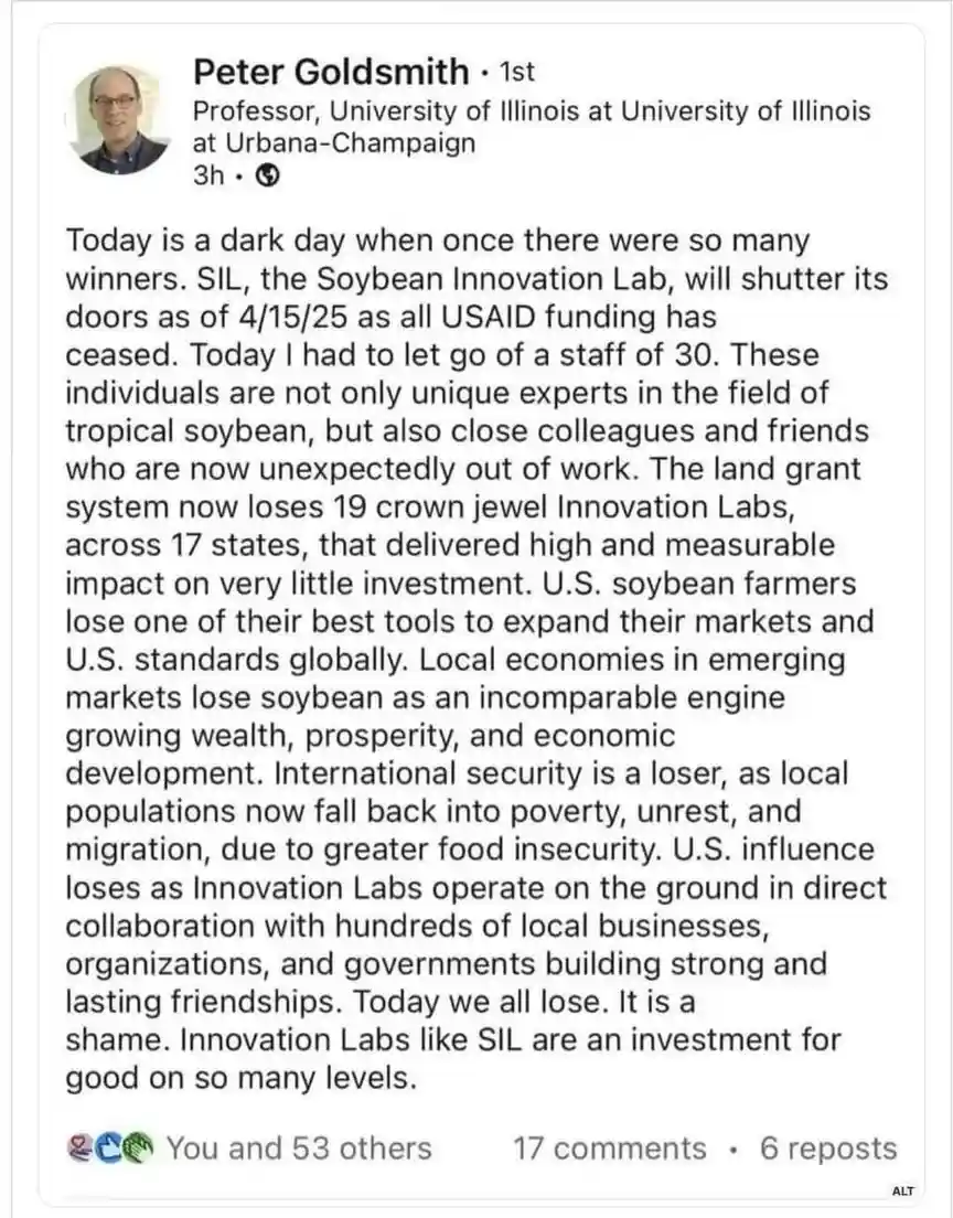 A screenshot of a Facebook post by Peter Goldsmith, Professor at University of Illinois, announcing the closure of the…