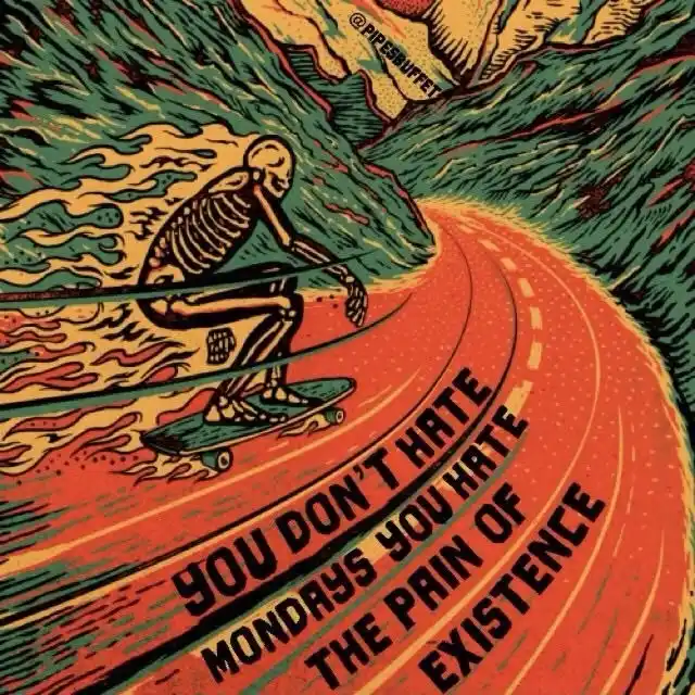 A stylized illustration shows a skeleton riding a skateboard down a winding, fiery orange road through a surreal…
