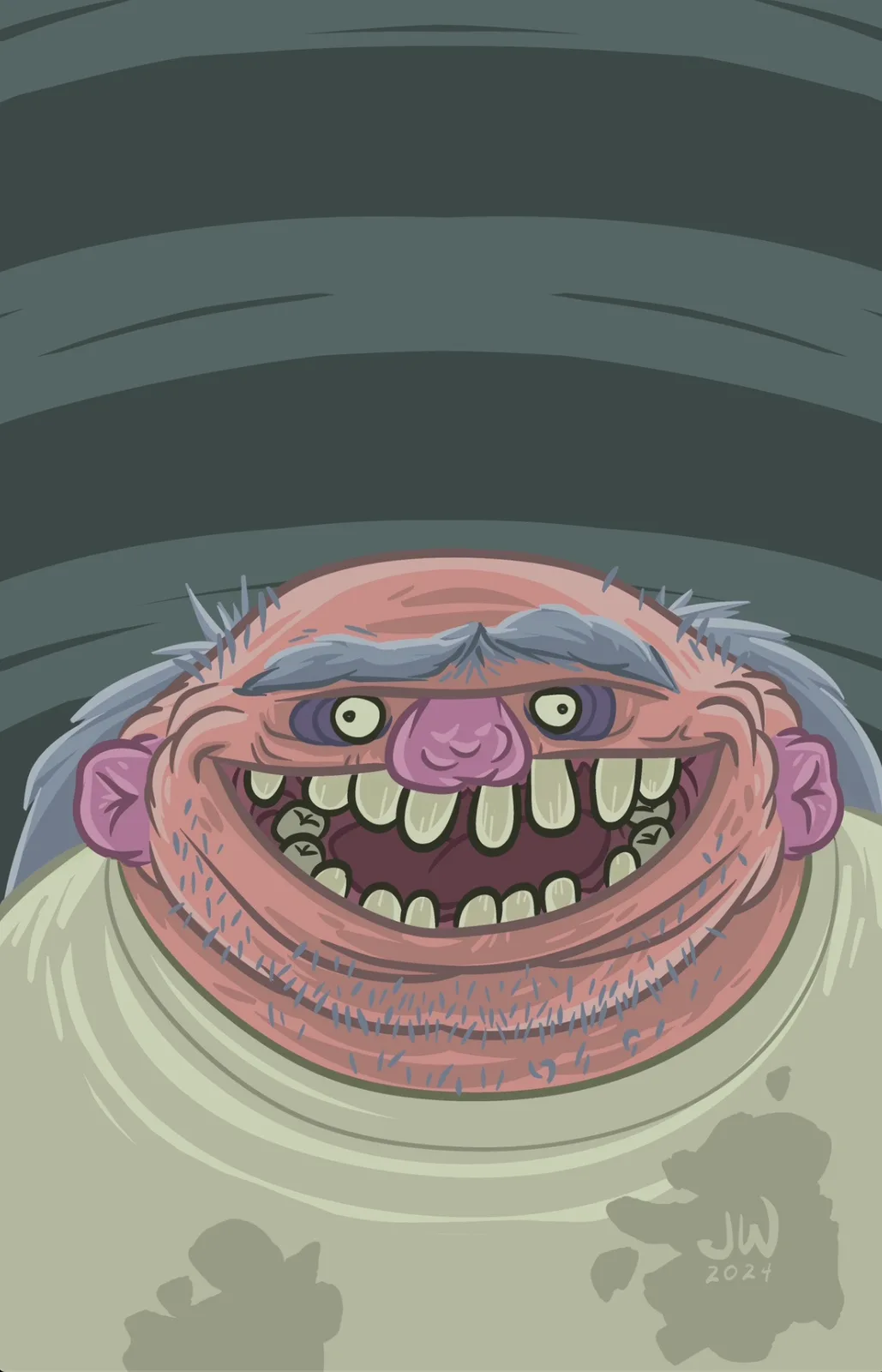 A cartoon illustration shows a grotesque, bald, pink-skinned creature with a wide, toothy grin, gray eyebrows, and purple…
