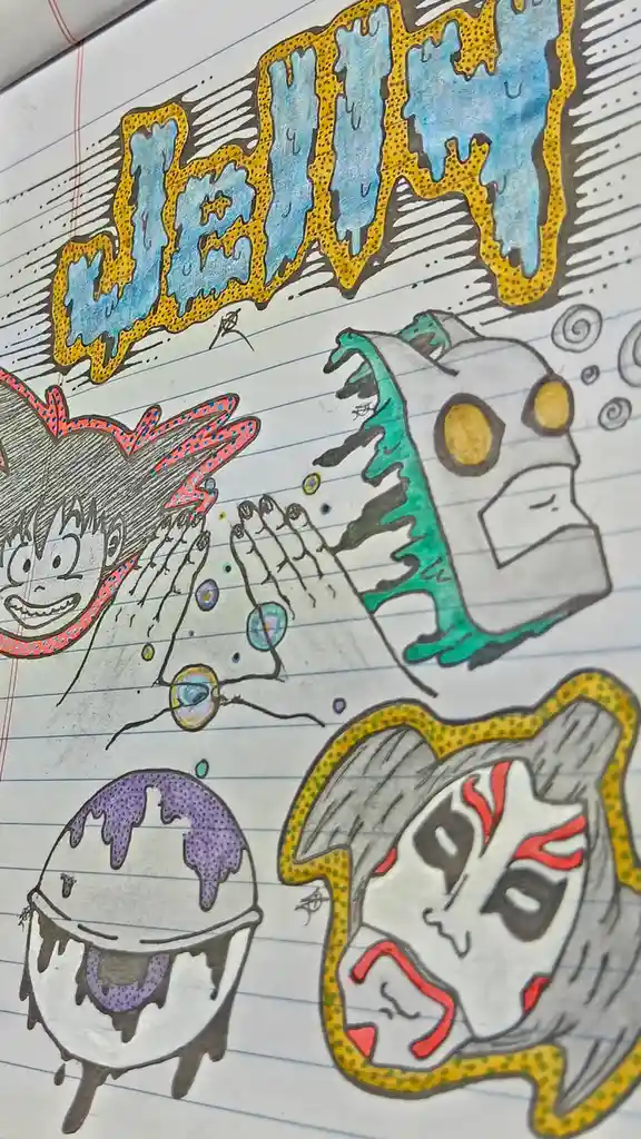 A hand-drawn comic-style illustration on lined notebook paper features four distinct cartoon characters with exaggerated…
