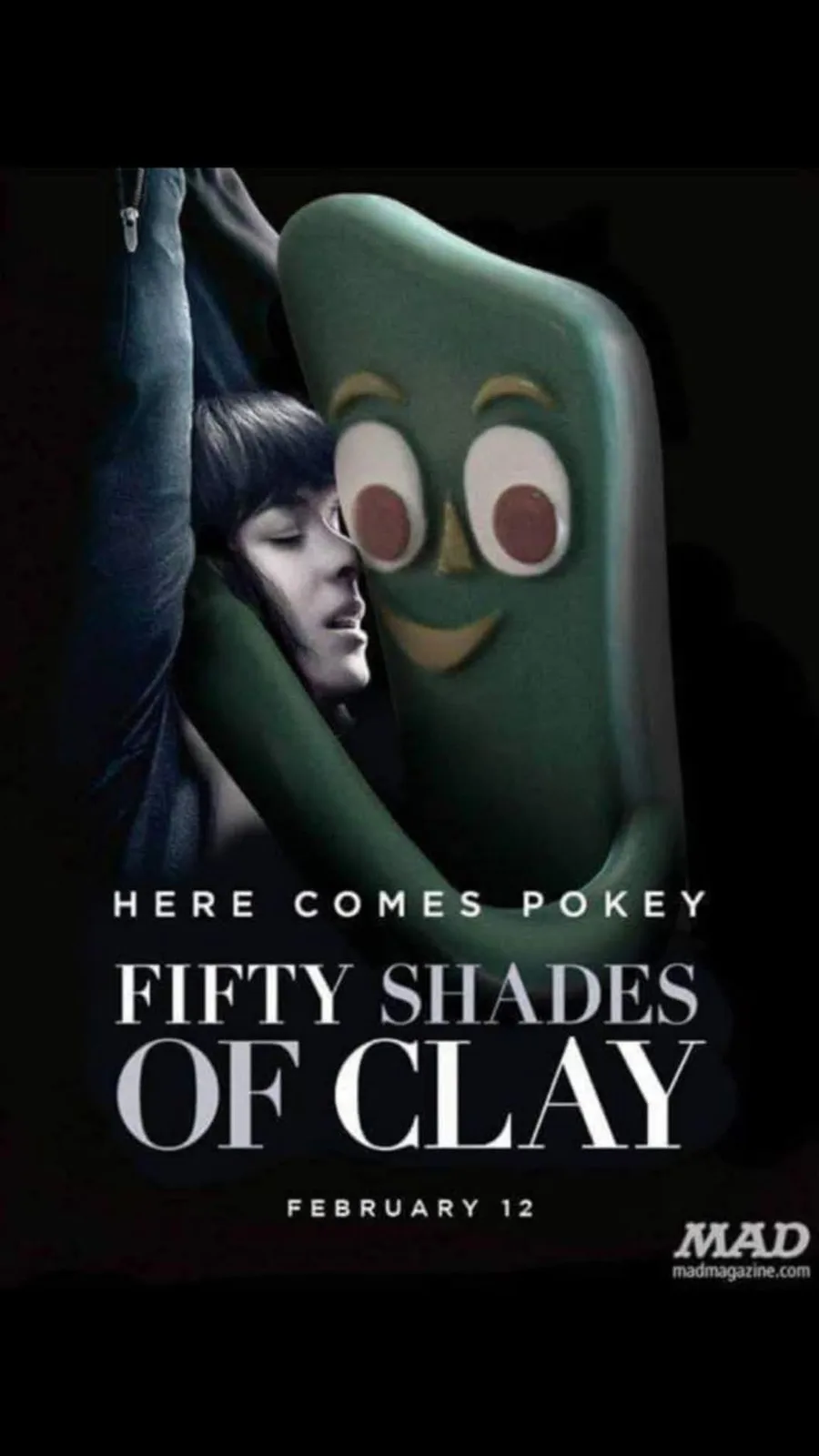 A dark, dramatic movie poster parody shows a woman in a revealing outfit being embraced by a large, green, cartoonish clay…