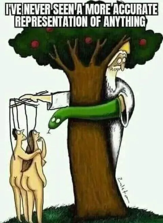 A cartoon depicts a tree with a human-like figure emerging from its trunk, wearing a white robe and holding a green snake…