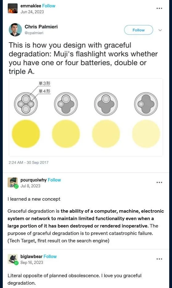 A screenshot of a tweet by Chris Palmieri showing a diagram of a Muji flashlight with four battery compartments, each…